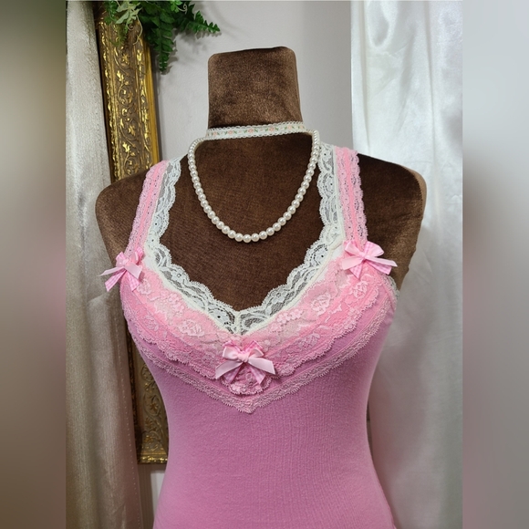 ♡ Y2K ♡ Hollister Baby Pink Lace Cami Satin Bow Coquette Tank Top - Picture 7 of 11